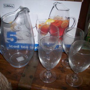 Libbey Iced Tea Set Glass Pitcher and Goblet Glasses Set 5 PC /Never Used in Box